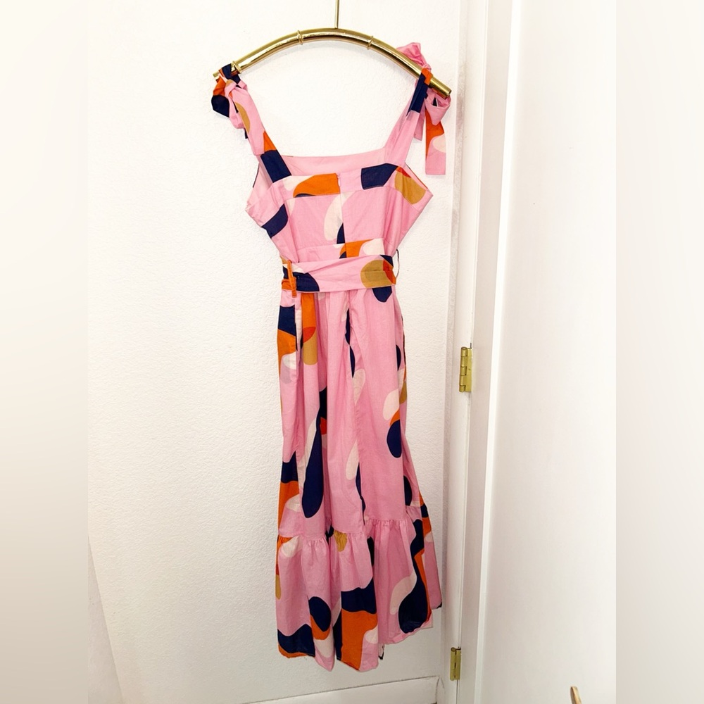 CIEBON The Roma 💯 Cotton Belted Maxi Dress Tie Straps Pink Abstract SZ: Small - Picture 3 of 15